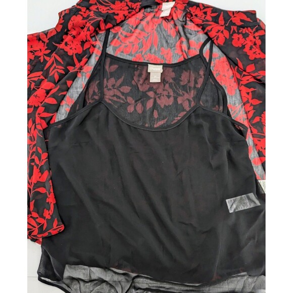 Chico's Red Black Floral Long Sleeve Sheer Ruffle Button Size 3P XL Petite - Picture 4 of 12